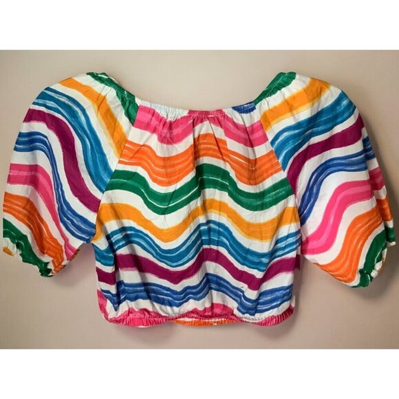 Rachel Zoe Crop Top Balloon Sleeve Multicolor Striped Off the Shoulder Womens XS - Picture 7 of 8
